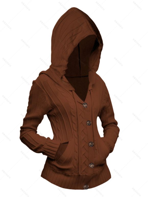 Cardigan à capuche boutonné en tricot torsadé de couleur unie à manches longues, cardigan décontracté - Brun XXL | US 14