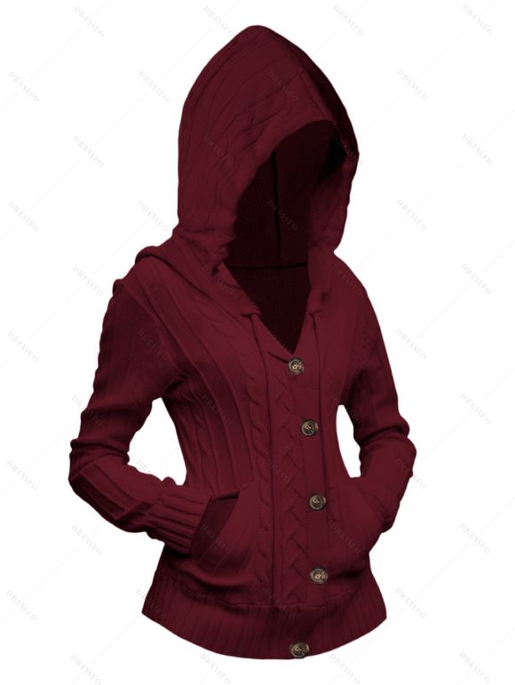 Cardigan à capuche boutonné en tricot torsadé de couleur unie à manches longues, cardigan décontracté - Rouge Vineux XXL | US 14