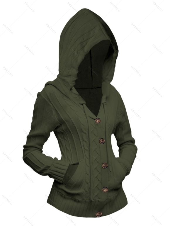Cardigan à capuche boutonné en tricot torsadé de couleur unie à manches longues, cardigan décontracté - Vert Armée XXL | US 14
