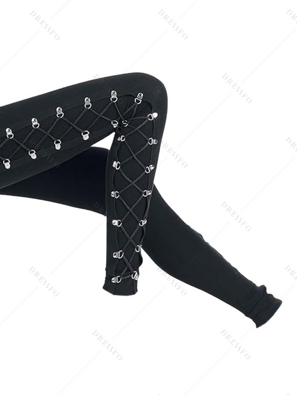 Gothic Women Outfit Solid Color Textured Skew Neck Top and Lace Up Leggings Set - Vert Armée S | US 4