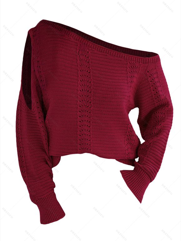 Pull tricoté à découpes de couleur unie Pull à col oblique ajouré - Rouge Vineux S | US 4