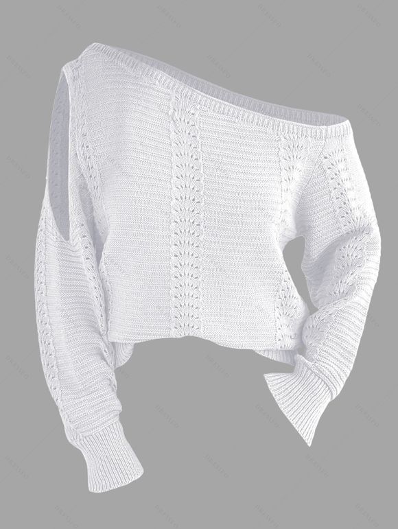 Pull tricoté à découpes de couleur unie Pull à col oblique ajouré - Blanc XL | US 10