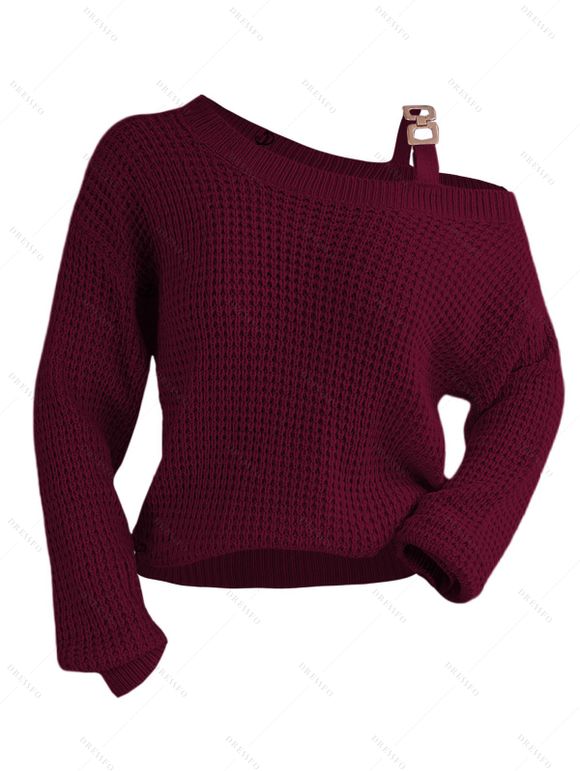 Pull texturé à col oblique de couleur unie Pull tricoté à boucle en métal - Rouge Vineux S | US 4