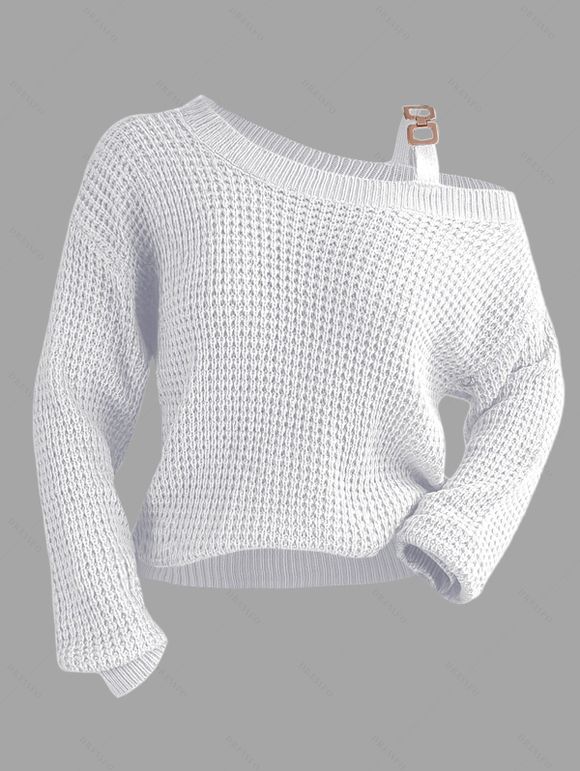 Pull texturé à col oblique de couleur unie Pull tricoté à boucle en métal - Blanc XL | US 10