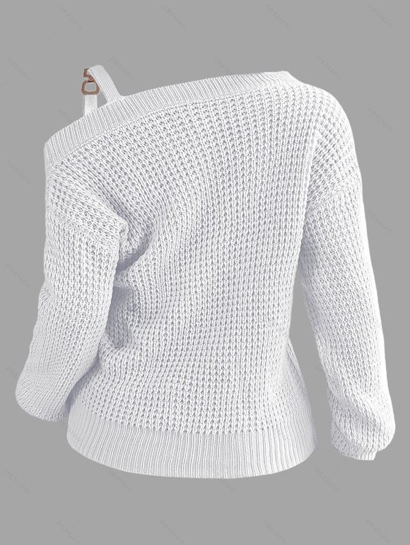 Pull texturé à col oblique de couleur unie Pull tricoté à boucle en métal - Blanc XL | US 10
