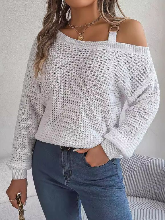 Pull texturé à col oblique de couleur unie Pull tricoté à boucle en métal - Blanc XL | US 10