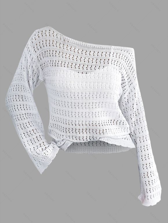 Pull tricoté ajouré de couleur unie, pull à épaules dénudées - Blanc S | US 4