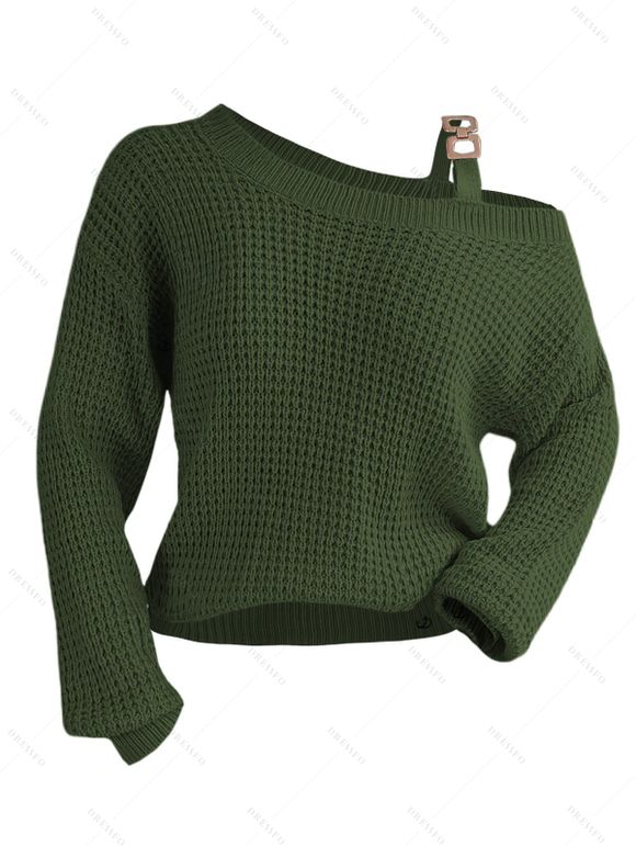 Pull texturé à col oblique de couleur unie Pull tricoté à boucle en métal - Vert Armée XL | US 10
