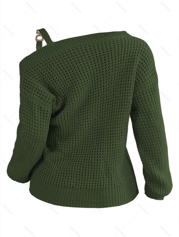 Pull texturé à col oblique de couleur unie Pull tricoté à boucle en métal - Vert Armée M | US 6
