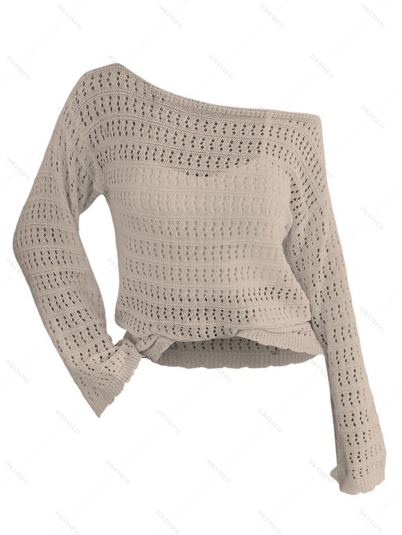 Pull tricoté ajouré de couleur unie, pull à épaules dénudées - café lumière S | US 4