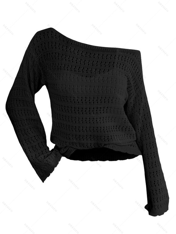Pull tricoté ajouré de couleur unie, pull à épaules dénudées - Noir XL | US 10