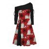 Robe de Noël bonhomme de neige avec chapeau imprimé flocon de neige robe cintrée à col oblique à manches longues - Rouge L | US 8-10