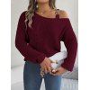 Pull texturé à col oblique de couleur unie Pull tricoté à boucle en métal - Rouge Vineux S | US 4
