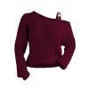 Pull texturé à col oblique de couleur unie Pull tricoté à boucle en métal - Rouge Vineux S | US 4