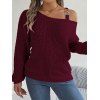 Pull texturé à col oblique de couleur unie Pull tricoté à boucle en métal - Rouge Vineux S | US 4