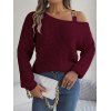 Pull texturé à col oblique de couleur unie Pull tricoté à boucle en métal - Rouge Vineux S | US 4