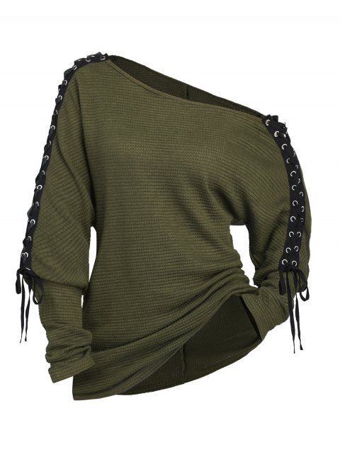 Haut à lacets et œillets, couleur unie, col oblique, manches longues