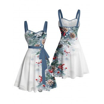 Holiday Dress Christmas Tree Snowflake Print Ruched Belt Dress