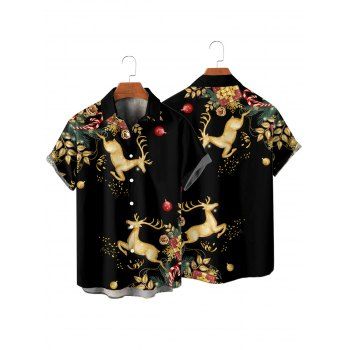 Men's Holiday Shirt Elk Christmas Tree Elements Print Button Up Shirt