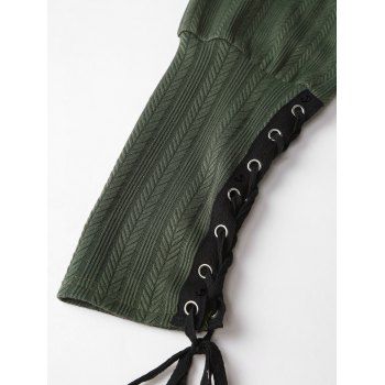 Solid Color Textured Top Lace Up Cut Out Skew Neck Long Sleeve Top