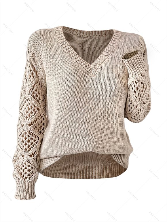 Pull tricoté de couleur unie à manches longues et col en V ajouré - café lumière S | US 4