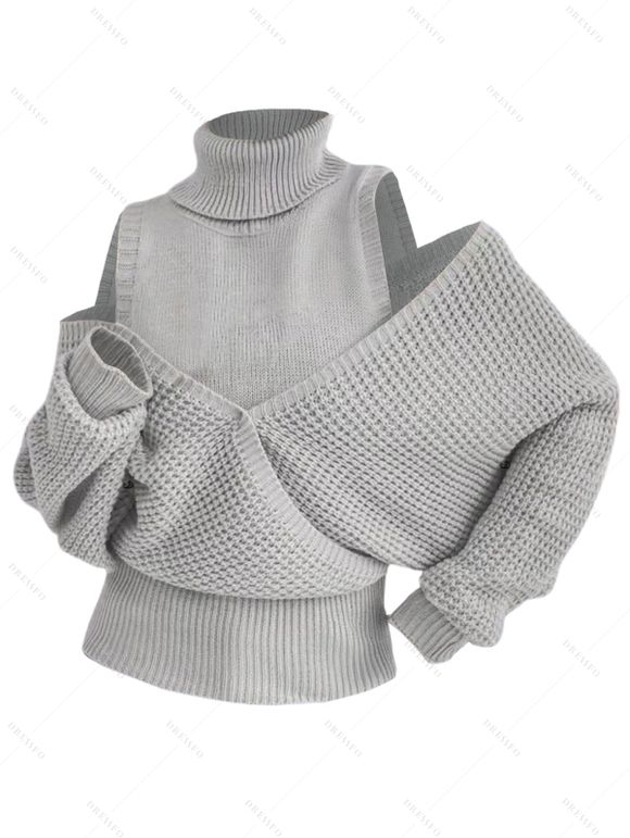 Pull tricoté de couleur unie, col roulé, épaules dénudées, pull surplis - Gris Clair L | US 8