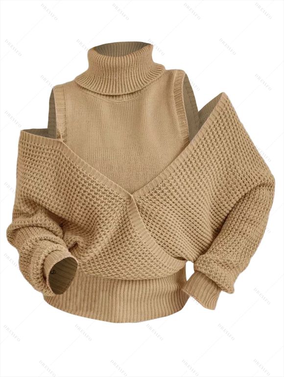 Pull tricoté de couleur unie, col roulé, épaules dénudées, pull surplis - Bronze S | US 4