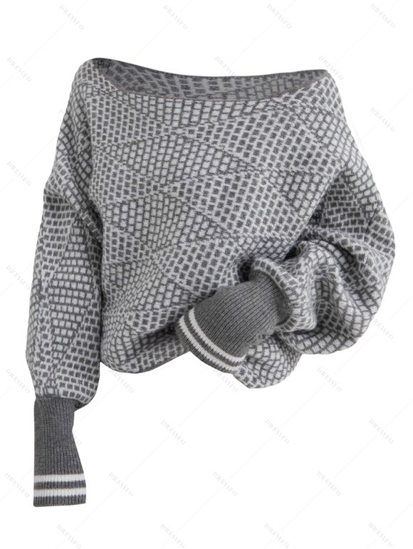 Pull tricoté à rayures géométriques, col rond, manches chauve-souris - Gris Clair S | US 4