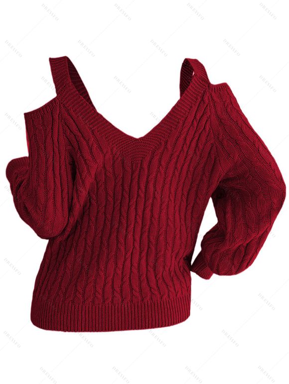 Pull tricoté de couleur unie, épaules dénudées, manches lanternes - Rouge Vineux S | US 4