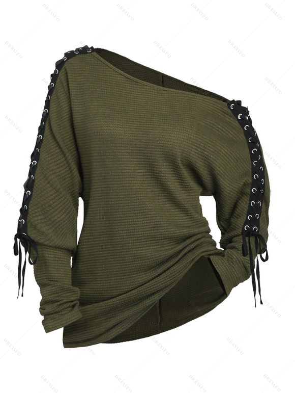 Haut à lacets et œillets, couleur unie, col oblique, manches longues - Vert Armée XL | US 12