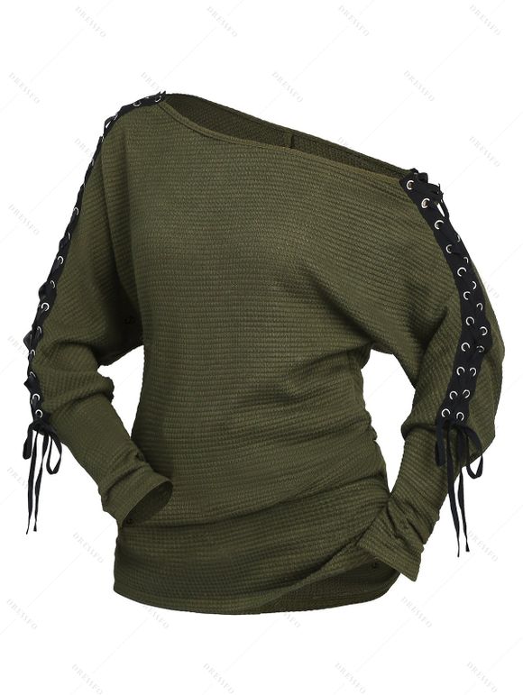 Haut à lacets et œillets, couleur unie, col oblique, manches longues - Vert Armée M | US 6