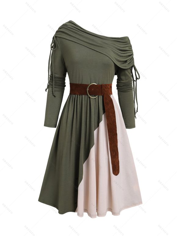 Robe à épaules cintrées colorblock, robe à col oblique et ceinture à anneau en O - Vert profond S | US 4
