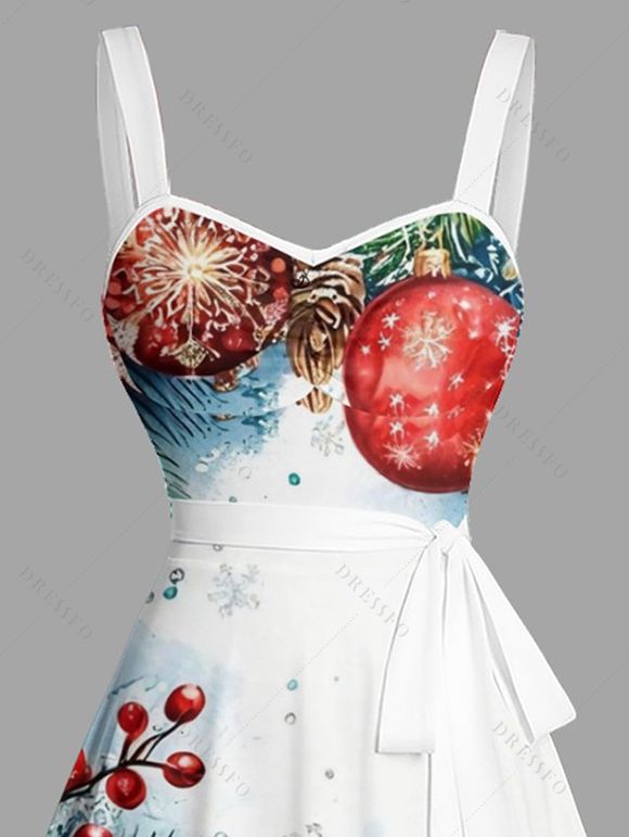 Robe de vacances à imprimé cloches et éléments de sapin de Noël Robe à ceinture froncée - Rouge S | US 4