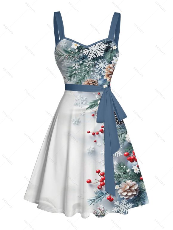 Robe de vacances à imprimé sapin de Noël et flocons de neige, robe à ceinture froncée - Bleu gris M | US 6