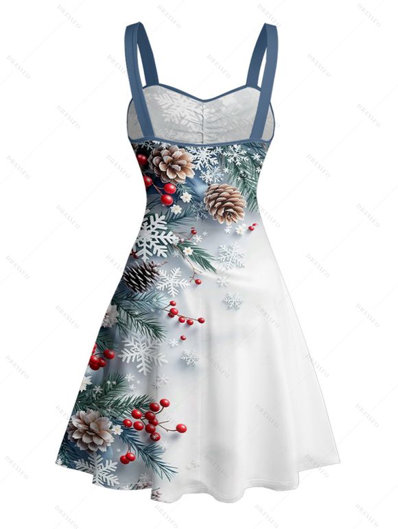 Robe de vacances à imprimé sapin de Noël et flocons de neige, robe à ceinture froncée - Bleu gris L | US 8-10