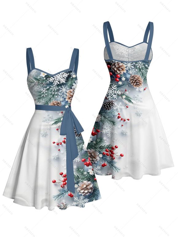 Robe de vacances à imprimé sapin de Noël et flocons de neige, robe à ceinture froncée - Bleu gris L | US 8-10