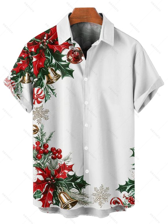 Chemise de vacances pour homme, imprimé sapin de Noël, flocon de neige, cloche, boutonnée - Blanc 4XL