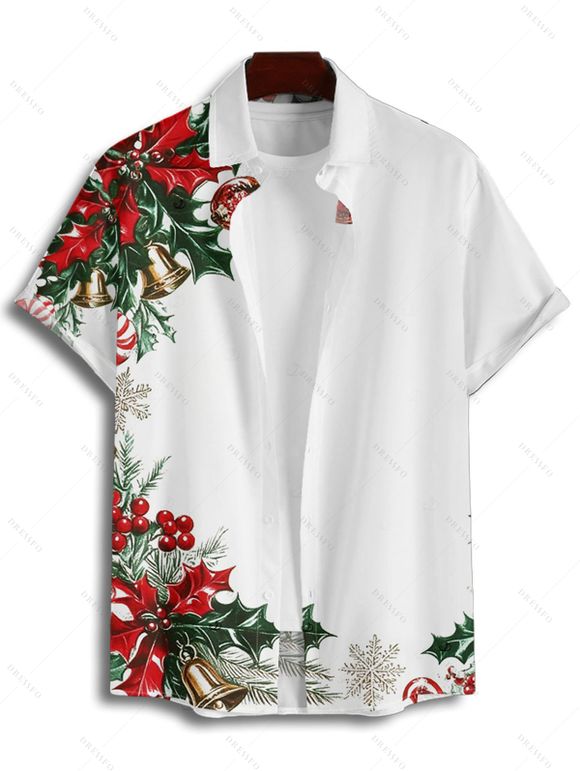Chemise de vacances pour homme, imprimé sapin de Noël, flocon de neige, cloche, boutonnée - Blanc 3XL
