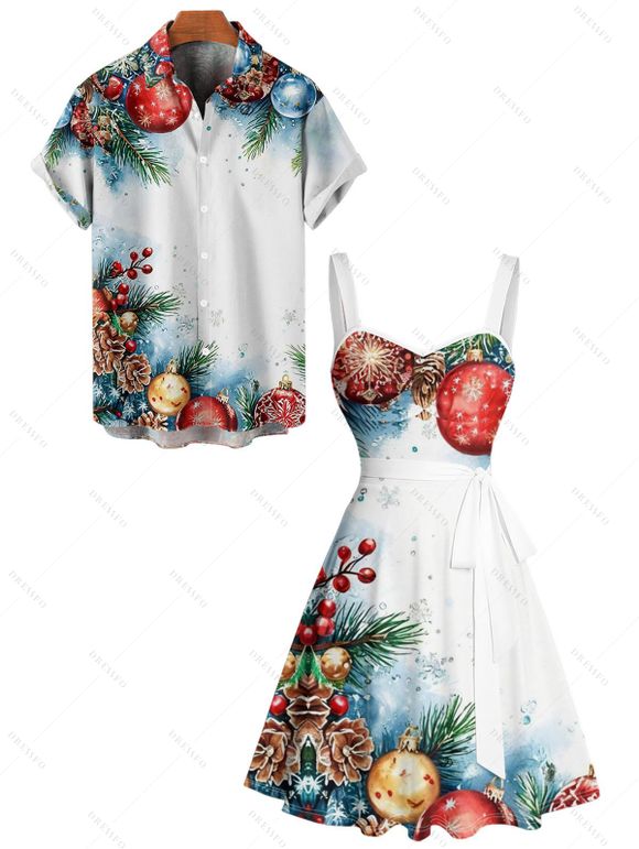 Holiday Couple Outfit Christmas Tree Elements Print Belt Dress and Shirt Set - Bleu S | US 4
