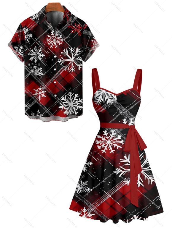 Christmas Couple Outfit Plaid Snowflake Print Belt Dress and Shirt Set - Rouge S | US 4