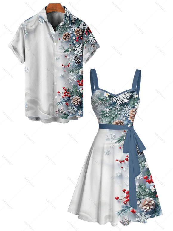 Holiday Couple Outfit Christmas Tree Snowflake Print Belt Dress and Shirt Set - Bleu gris S | US 4