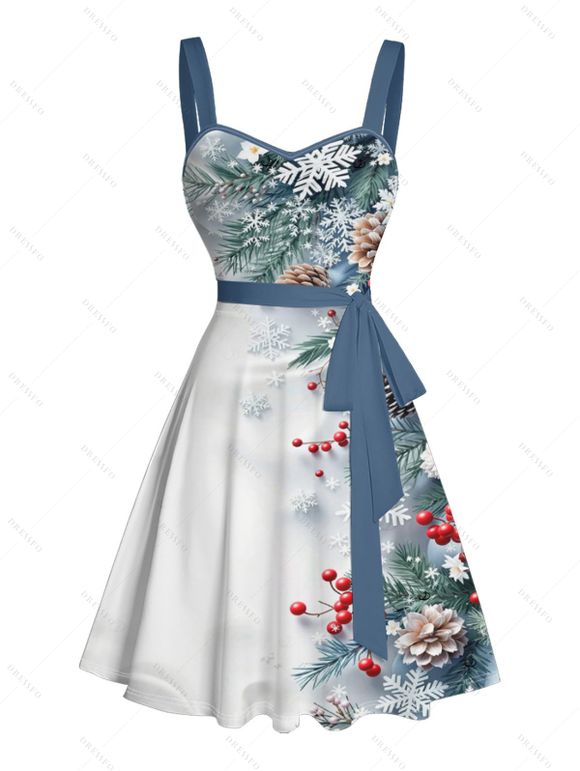 Holiday Couple Outfit Christmas Tree Snowflake Print Belt Dress and Shirt Set - Bleu gris S | US 4
