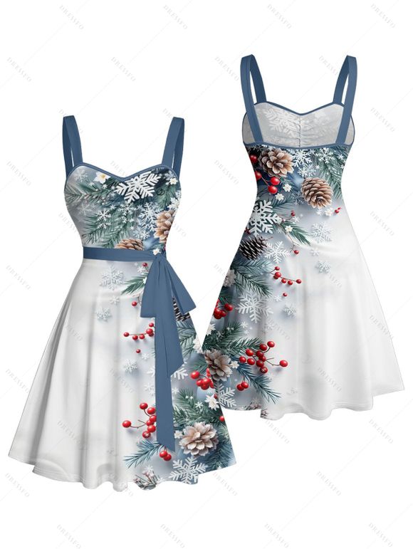 Holiday Couple Outfit Christmas Tree Snowflake Print Belt Dress and Shirt Set - Bleu gris S | US 4