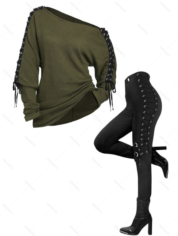 Women Outfit Lace Up Solid Color Textured Skew Neck Top and Leggings Set - Vert Armée S | US 4