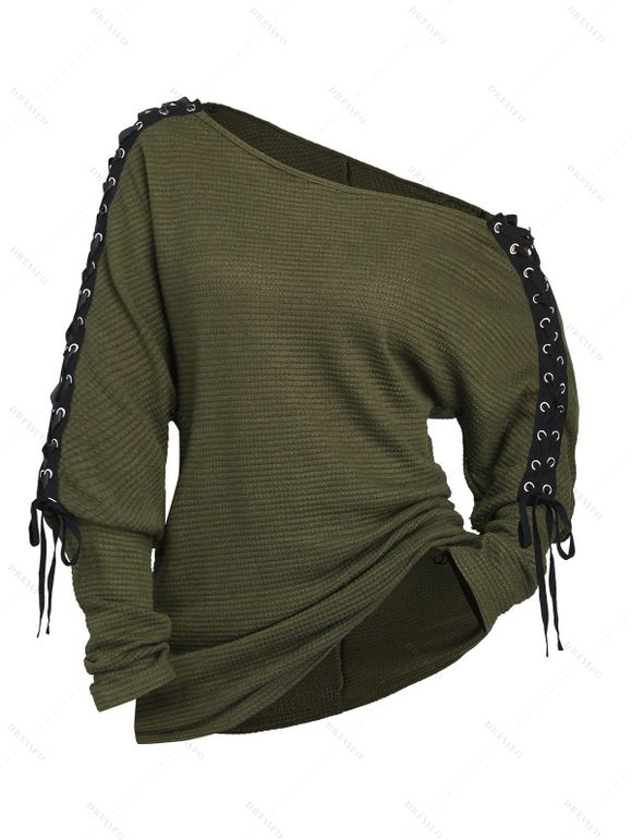 Women Outfit Lace Up Solid Color Textured Skew Neck Top and Leggings Set - Vert Armée S | US 4