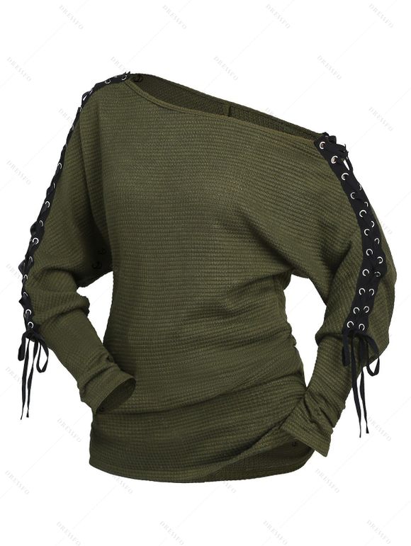 Women Outfit Lace Up Solid Color Textured Skew Neck Top and Leggings Set - Vert Armée S | US 4