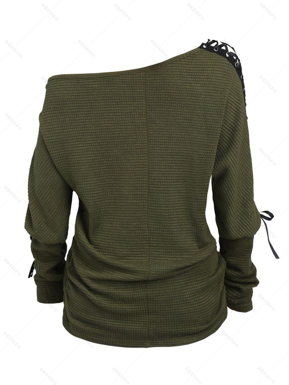 Women Outfit Lace Up Solid Color Textured Skew Neck Top and Leggings Set - Vert Armée S | US 4