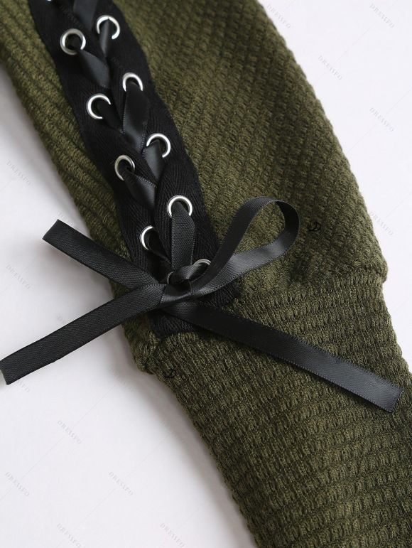 Women Outfit Lace Up Solid Color Textured Skew Neck Top and Leggings Set - Vert Armée S | US 4