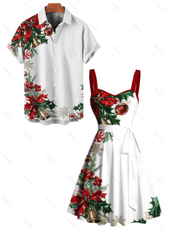 Couple Outfit Christmas Tree Snowflake Bell Print Belt Dress and Shirt Set - Rouge S | US 4