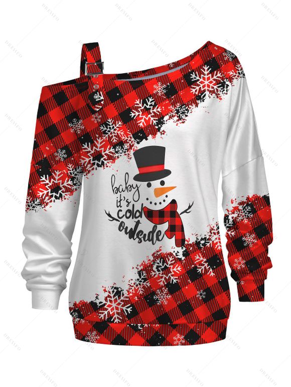 Sweat-shirt de Noël à carreaux, bonhomme de neige, flocon de neige, imprimé, boucle, col incliné - Rouge XXXXXL | US 20